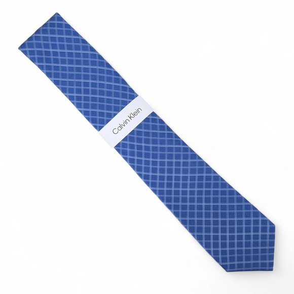 Calvin Klein Men's Windowpane Grid Tie Necktie Classic 3" Silk Blend Blue $69.5 - Picture 1 of 5